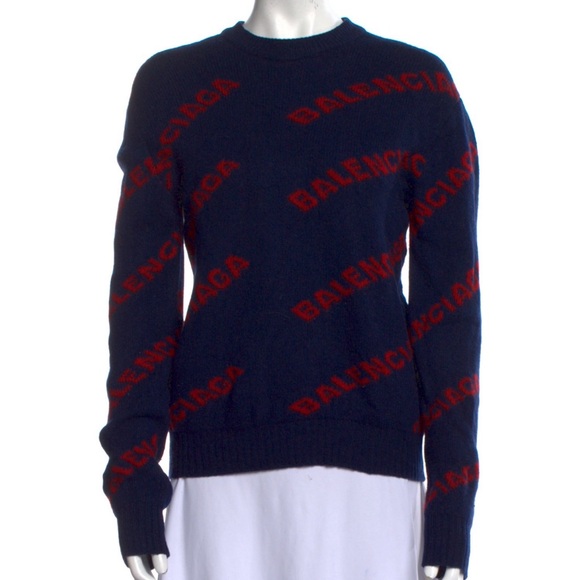 Balenciaga Blue and Red Crew Neck Sweater with Diagonal Stripes